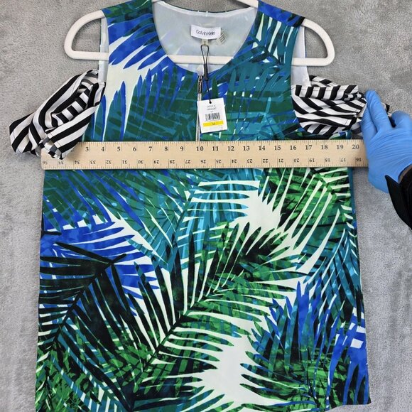 Calvin Klein Top Womens Medium Green Tropical Palm Print Cold Shoulder NWT - Picture 5 of 10